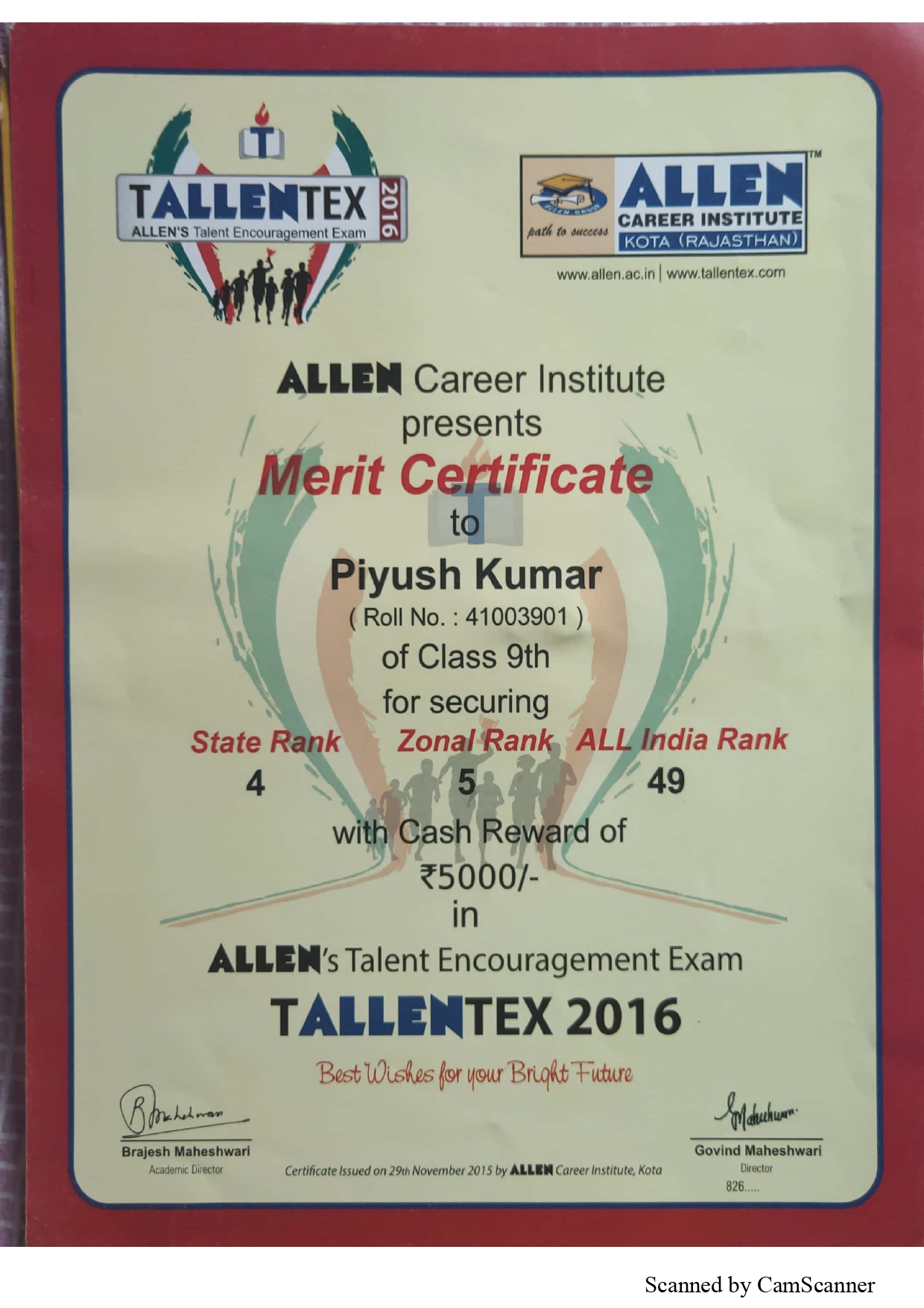 TALLENTEX 2016 certificate, Class 9th